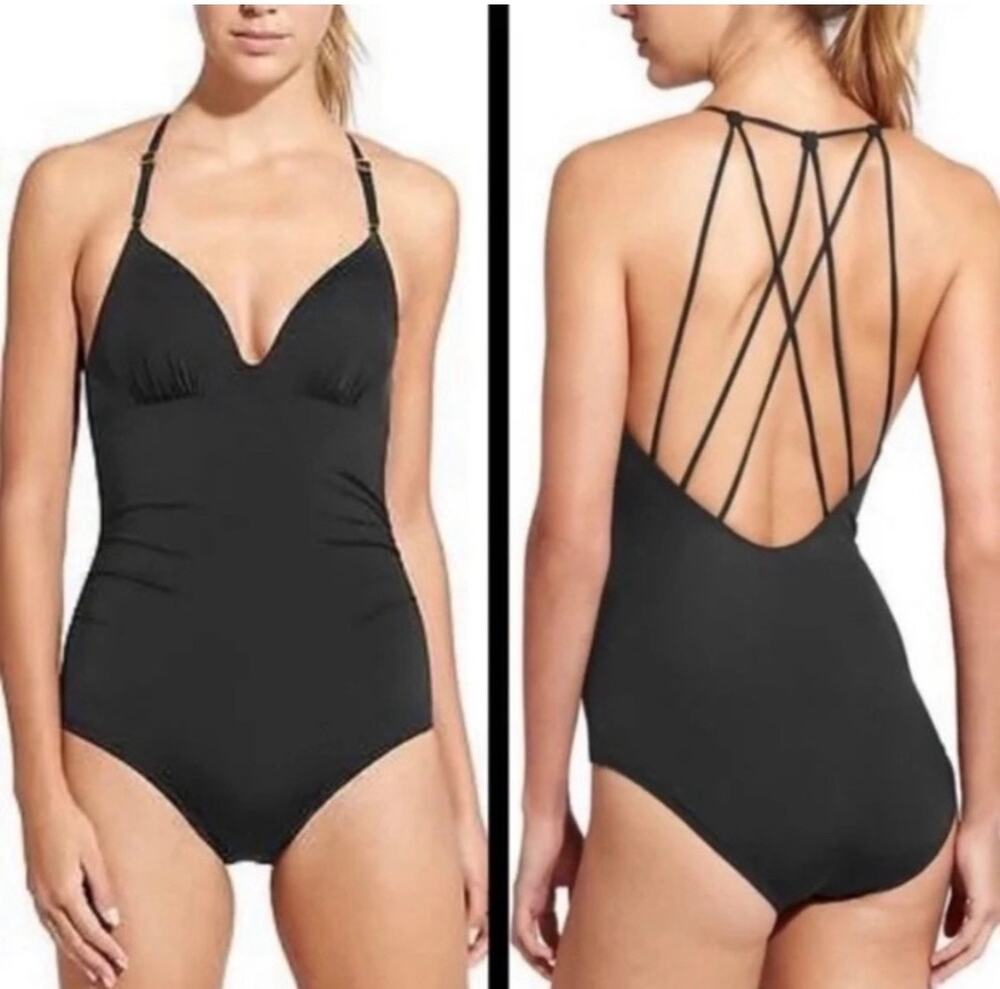Athleta Aqualuxe Strappy Black Swimsuit-Size XL, Designer Activewear Swim